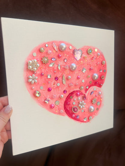 Pink heart with rhinestones and pearls Pink Jeweled Hearts – 10x10 Original painting