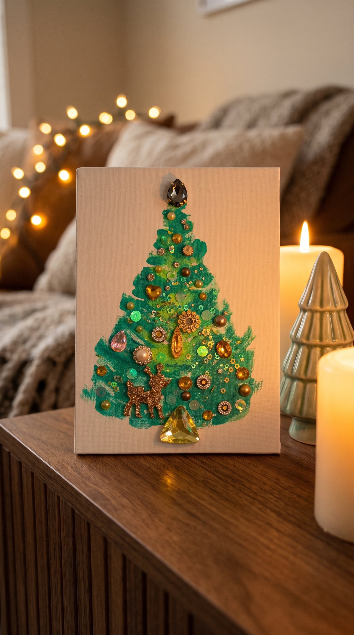 Evergreen & Gold Reindeer Christmas Tree – 5x7 Original painting