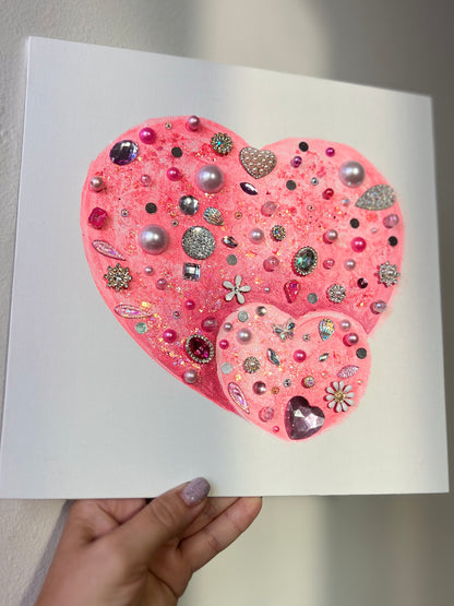 Pink Jeweled Hearts – 10x10 Original painting
