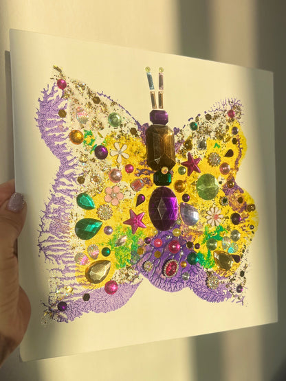 Handmade butterfly art with colorful gemstones and beads Jeweled Butterfly Art – 10x10 Origina painting