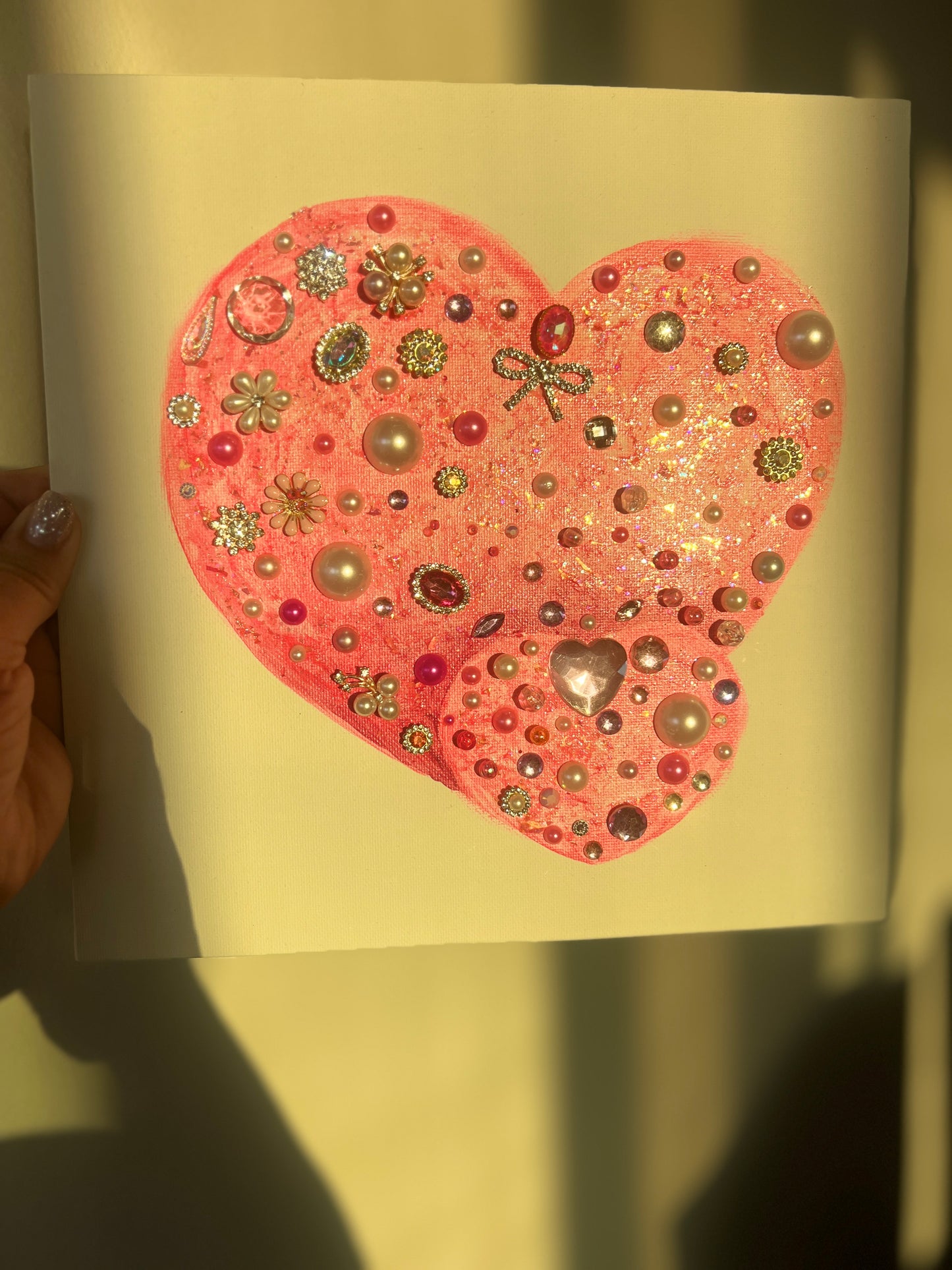 Pink heart with rhinestones and beads Pink Jeweled Hearts 10x10 Original painting