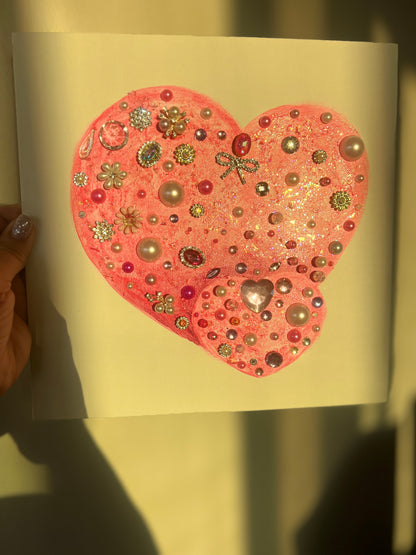 Pink heart with rhinestones and beads Pink Jeweled Hearts 10x10 Original painting