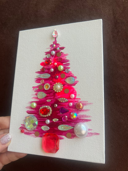 Handmade Textured Pink Christmas Tree Art – 5x7" (12.7x17.8 cm) Canvas Board