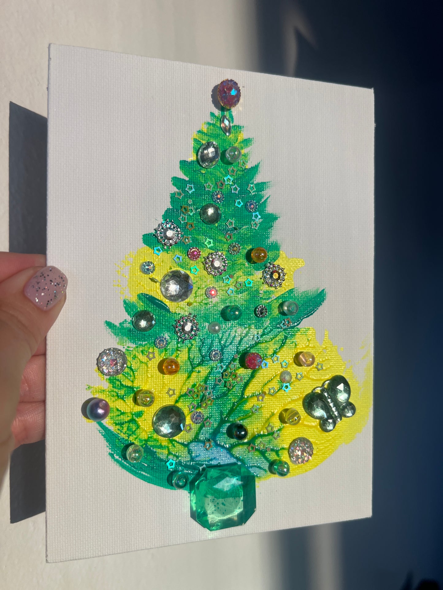 Lime & Green Jeweled Christmas Tree with Butterfly – 5x7 Original painting