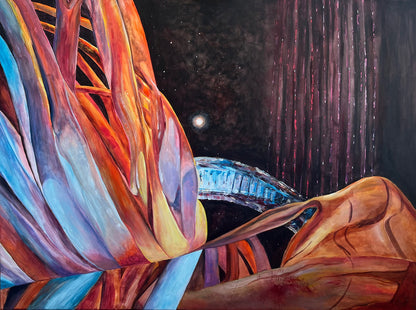 Colorful abstract artwork with flowing forms against a dark background