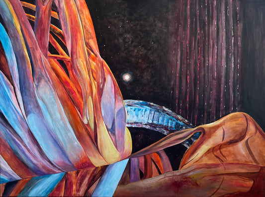 Colorful abstract artwork with flowing forms against a dark background