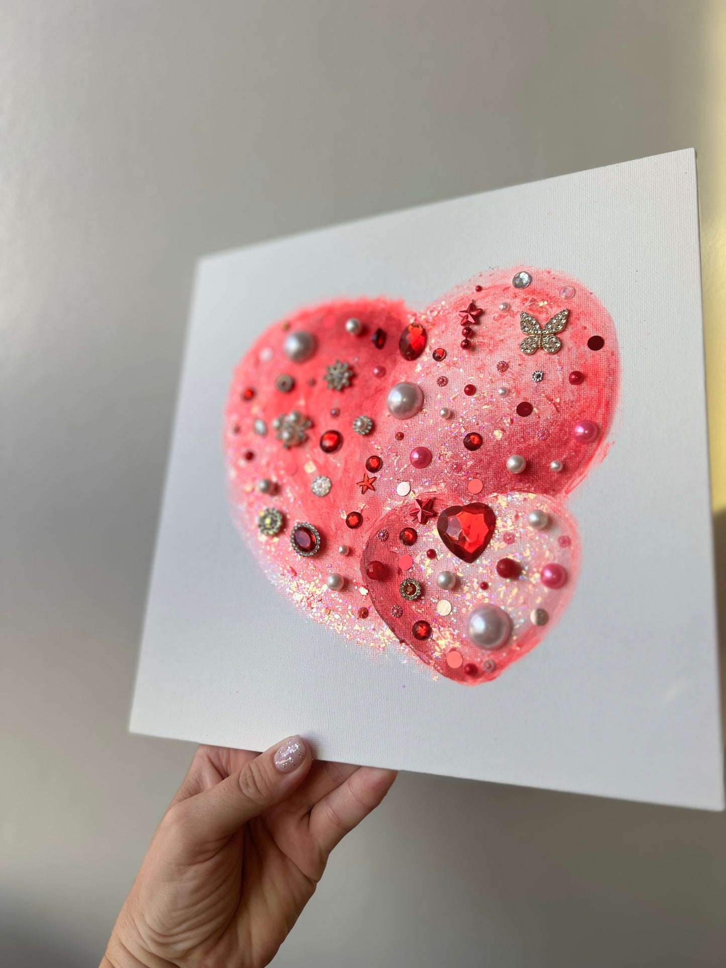 Coral Glitter Heart Duo – 10x10 Original painting