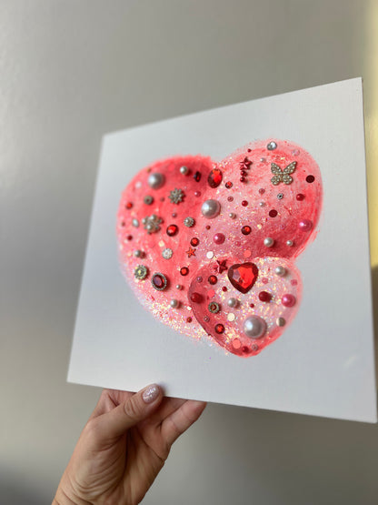 Coral Glitter Heart Duo – 10x10 Original painting