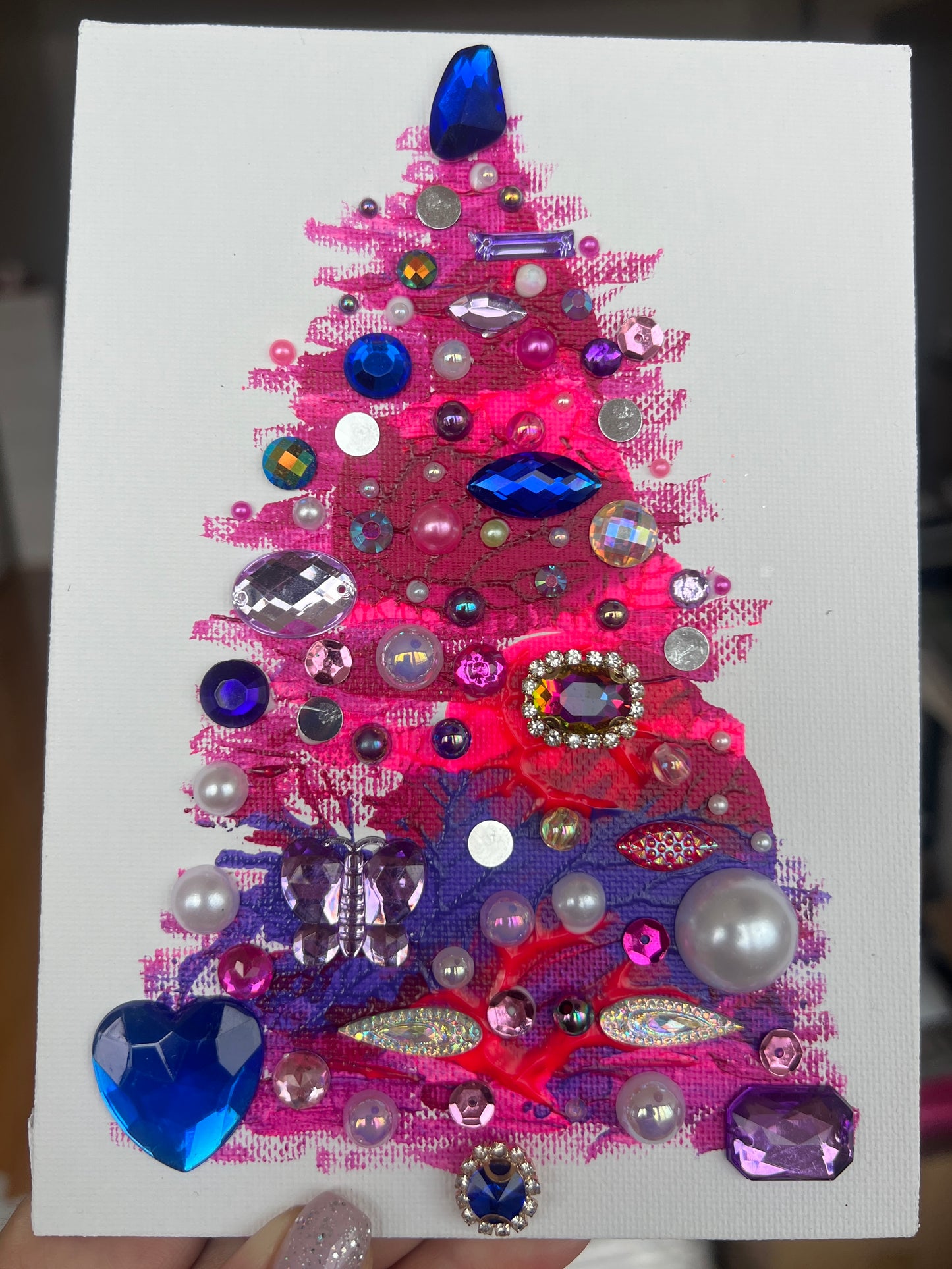 Handmade Textured Pink & Purple Christmas Tree Art – 5x7" (12.7x17.8 cm) Canvas Board