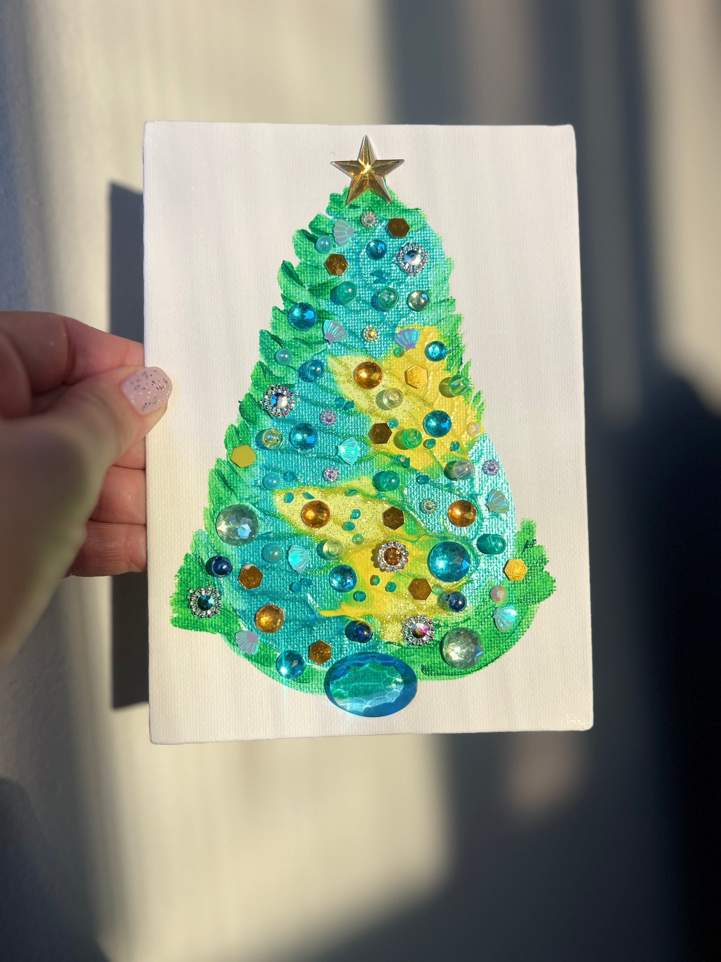 Aqua & Gold Jeweled Christmas Tree – 5x7 Original painting