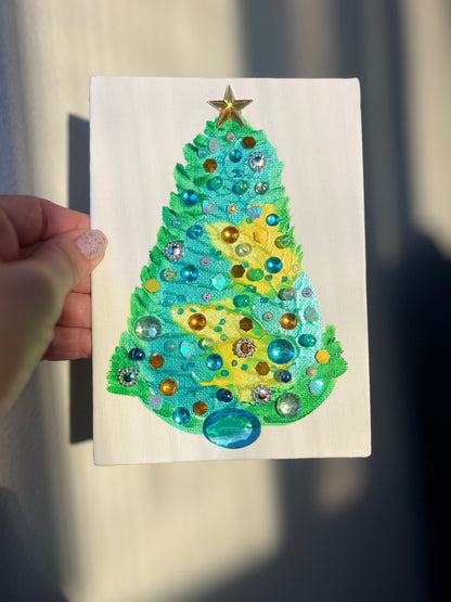 Aqua & Gold Jeweled Christmas Tree – 5x7 Original painting