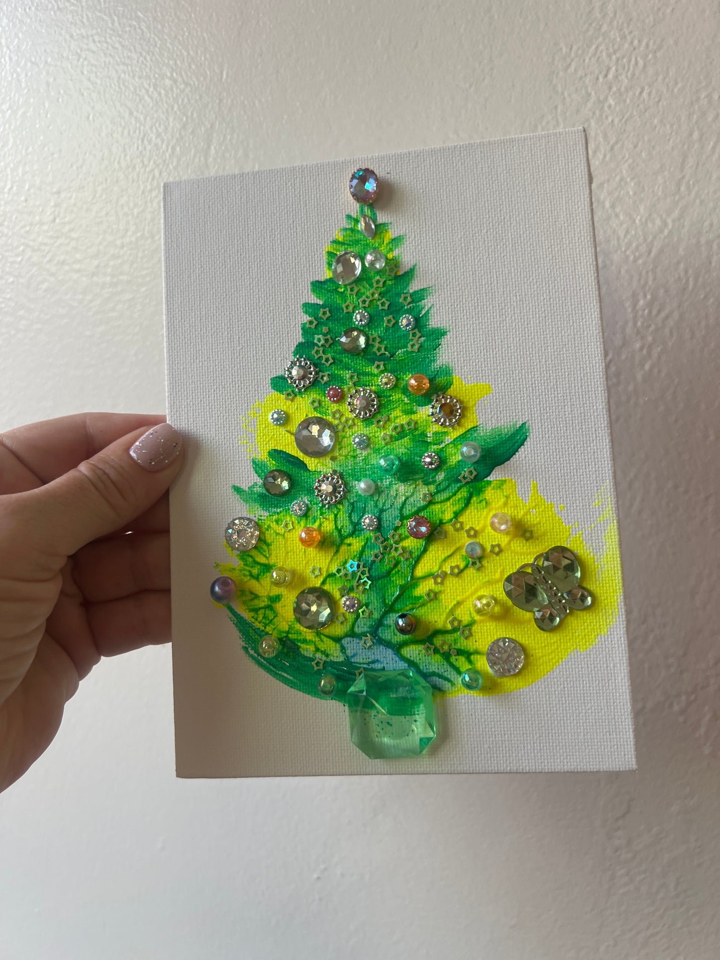 Lime & Green Jeweled Christmas Tree with Butterfly – 5x7 Original painting