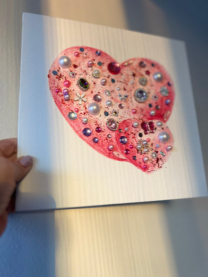 Pink Glitter Jeweled Hearts – 10x10 Original painting