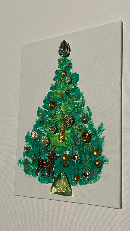Evergreen & Gold Reindeer Christmas Tree – 5x7 Original painting