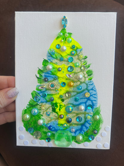 Handmade Christmas tree Lime & Blue Jeweled Christmas Tree – 5x7 Original