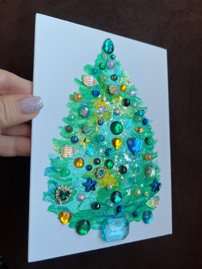 Teal & Gold Christmas Tree Art - 5x7 Original painting