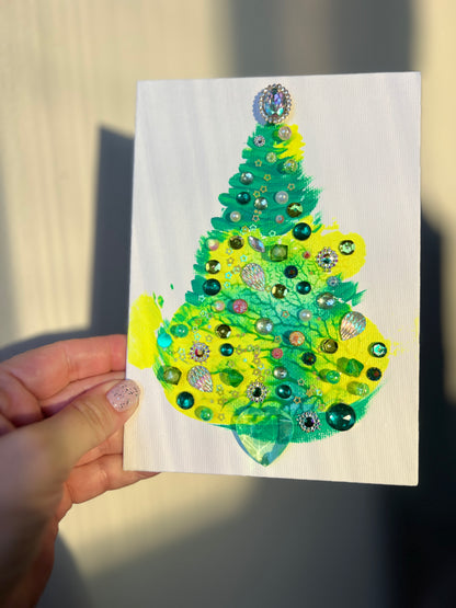 Lime & Teal Jeweled Christmas Tree – 5x7 Original painting