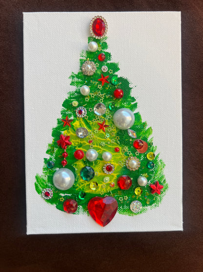 Classic Red & Green Jeweled Christmas Tree – 5x7 Original painting