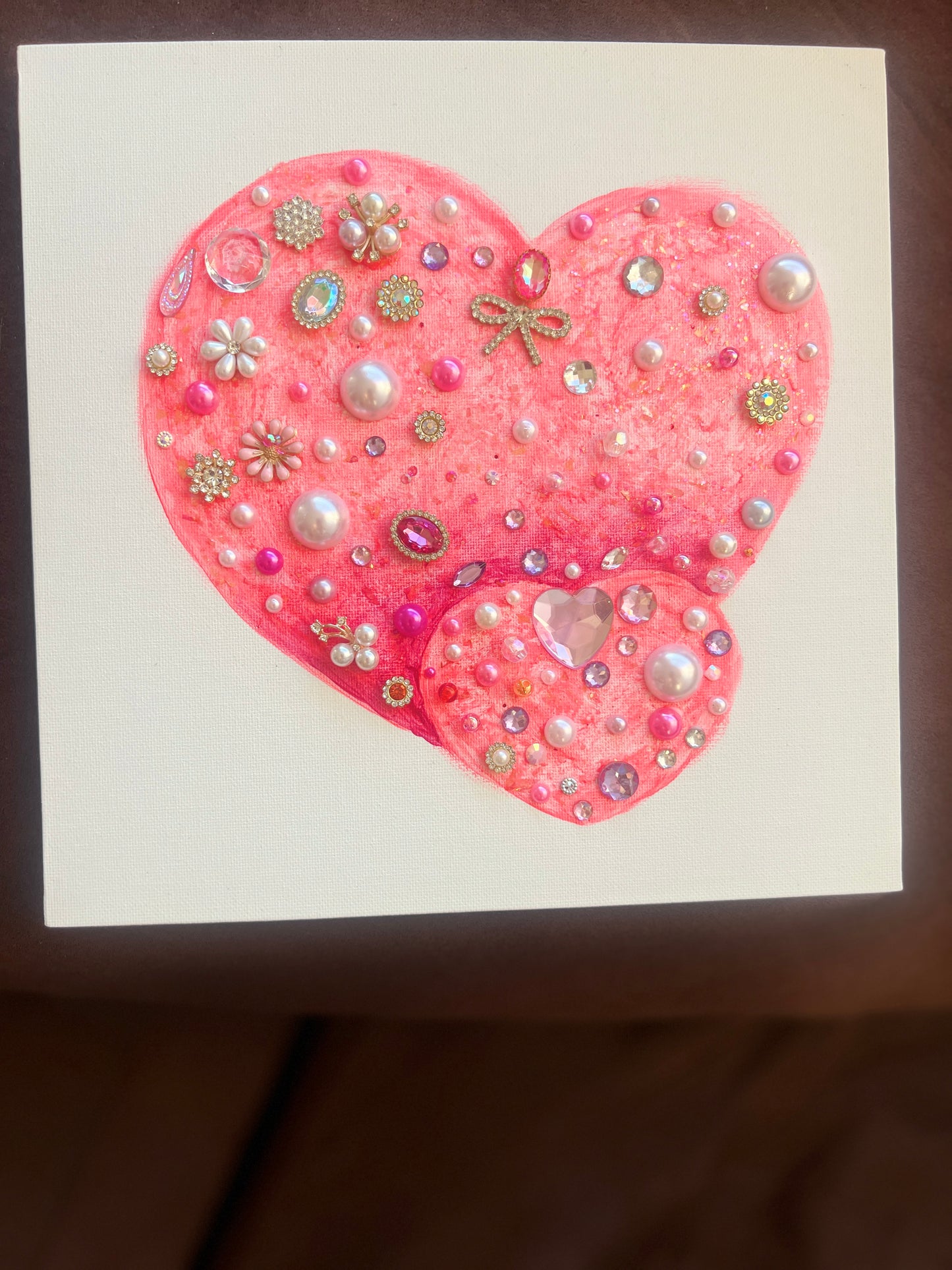 Pink heart with rhinestones and beads Pink Jeweled Hearts 10x10 Original painting