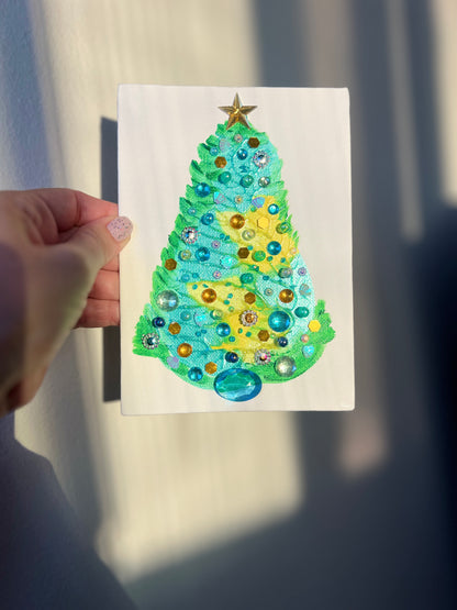 Aqua & Gold Jeweled Christmas Tree – 5x7 Original painting