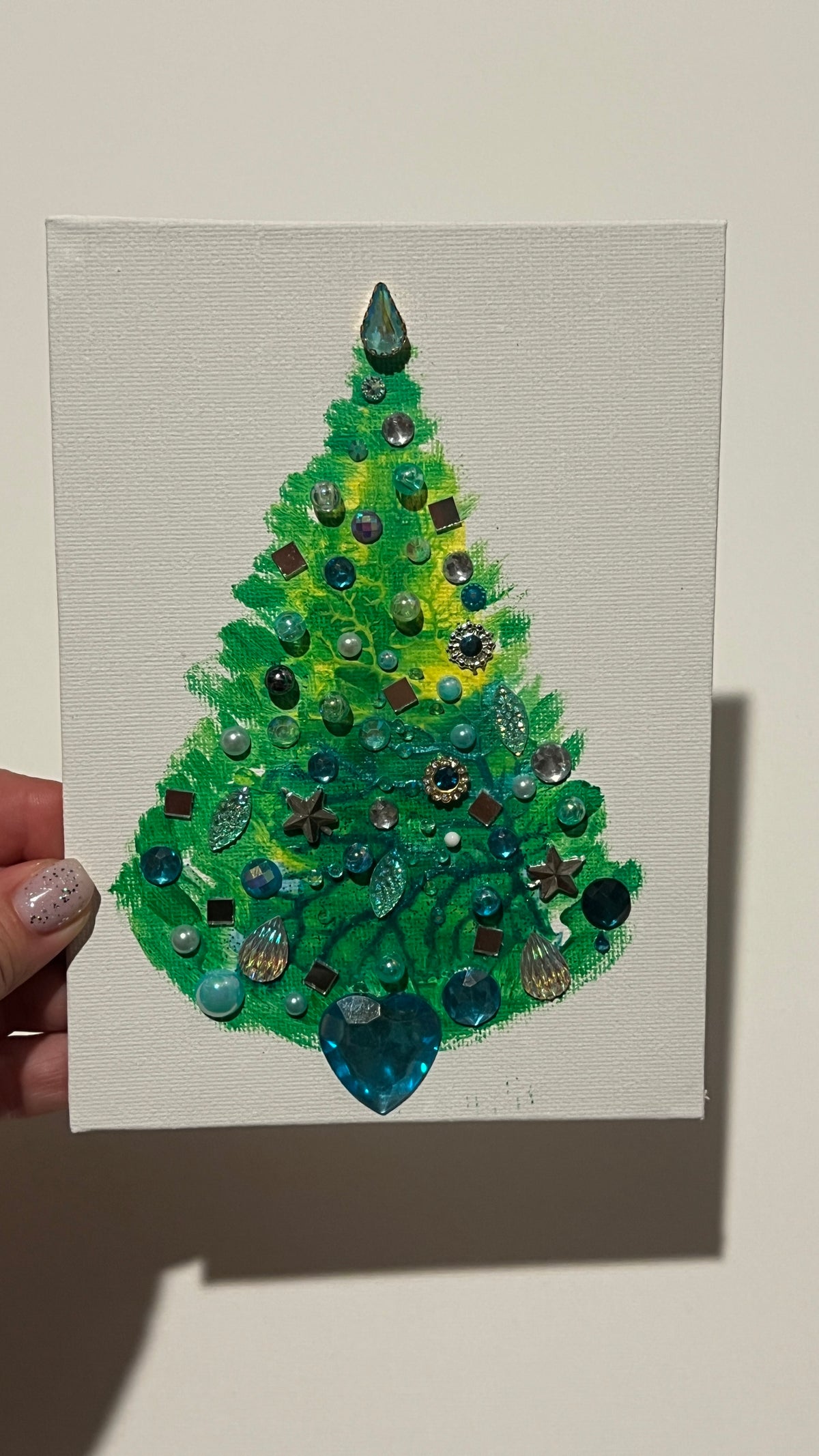 Aqua Heart Jeweled Christmas Tree – 5x7 Original painting