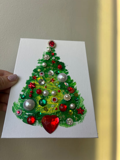 Classic Red & Green Jeweled Christmas Tree – 5x7 Original painting
