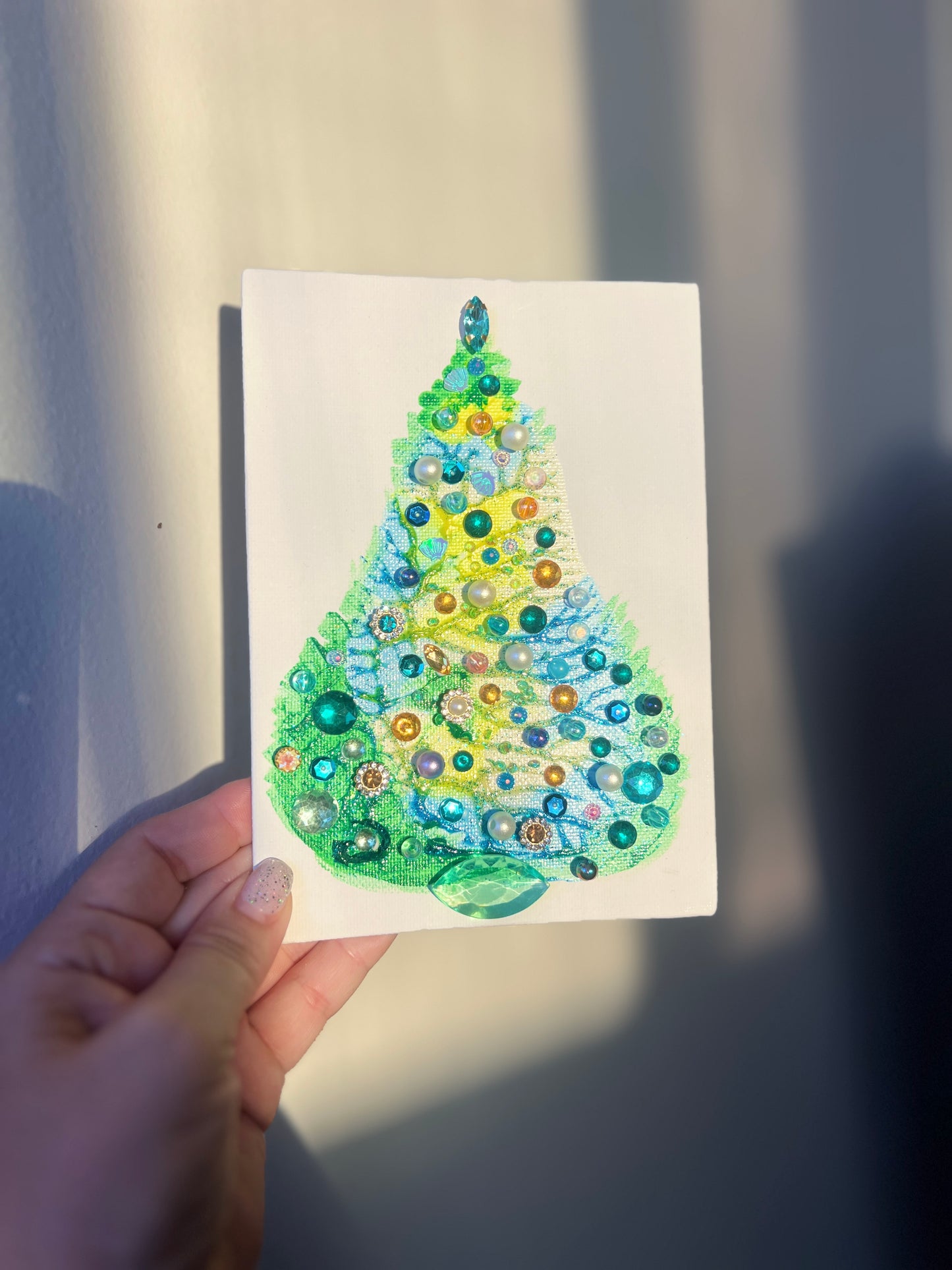 Lime, Blue & Green Jeweled Christmas Tree – 5x7 Original painting