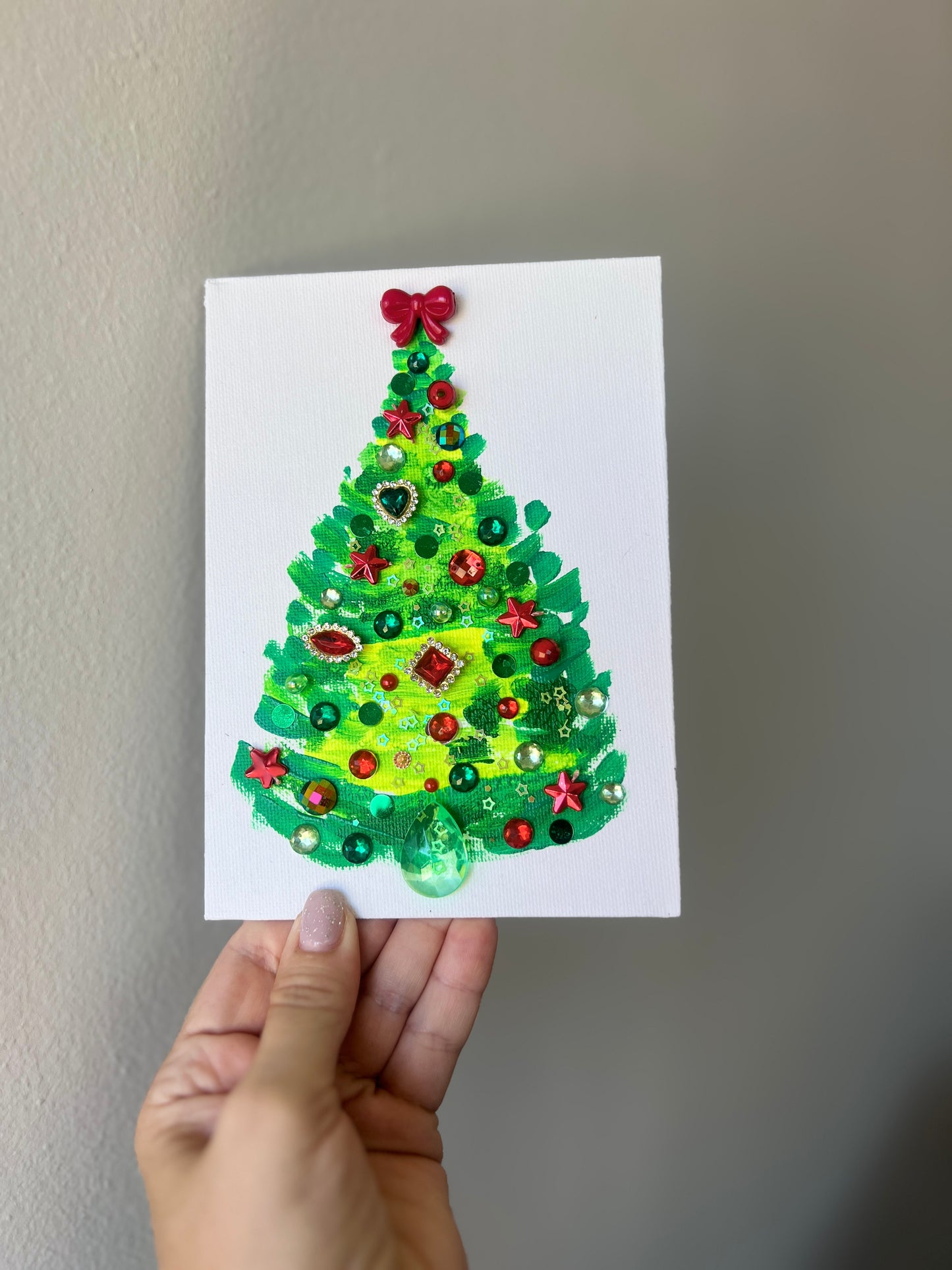 Classic Red & Green Jeweled Christmas Tree – 5x7 Original painting