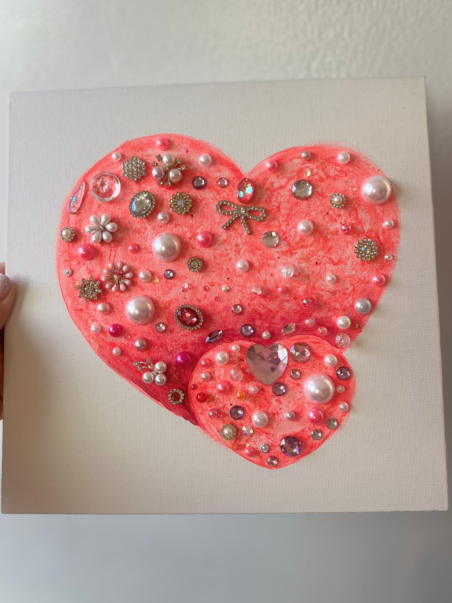 Pink heart with rhinestones and beads Pink Jeweled Hearts 10x10 Original painting