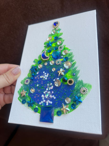 Starry Night Jeweled Christmas Tree – 5x7 Original painting