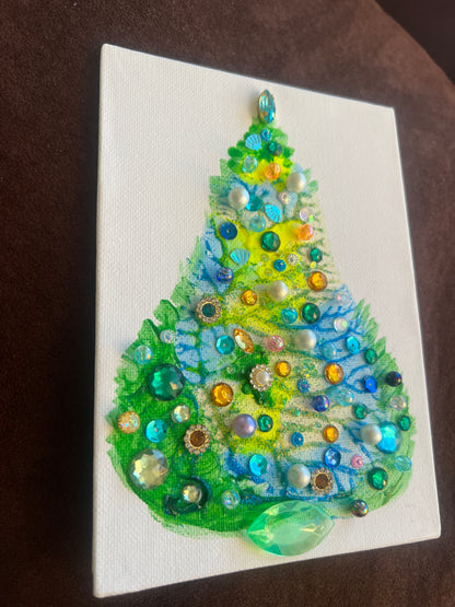 Lime, Blue & Green Jeweled Christmas Tree – 5x7 Original painting