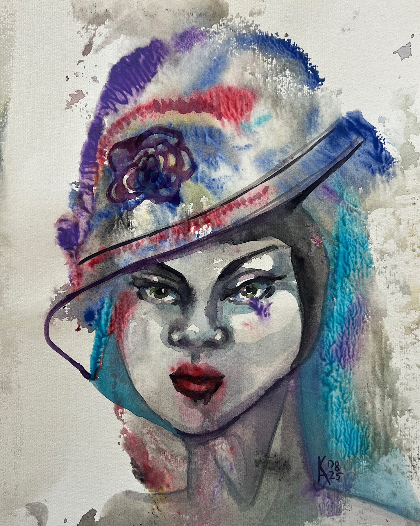 Original watercolor painting The Flower Hat 11x14 inch