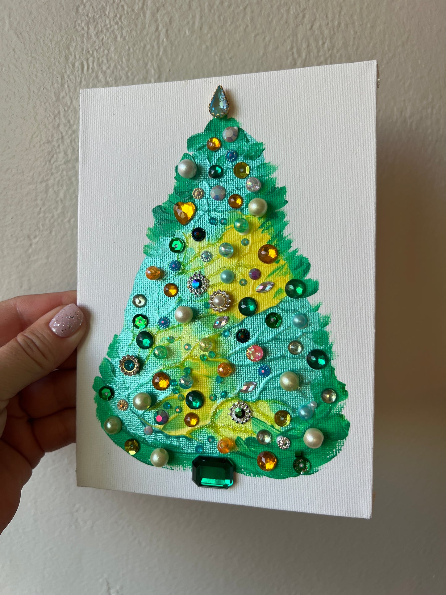 Aqua, Yellow & Emerald Jeweled Christmas Tree – 5x7 Original painting