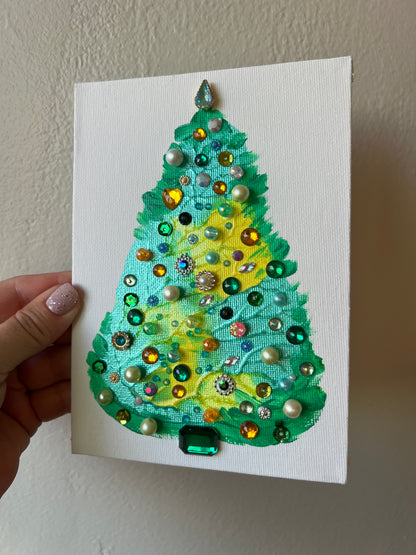 Aqua, Yellow & Emerald Jeweled Christmas Tree – 5x7 Original painting