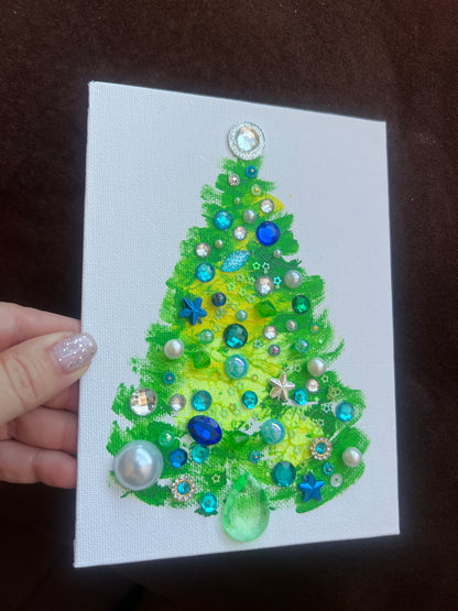 Green, Blue & Pearl Jeweled Christmas Tree – 5x7 Original painting