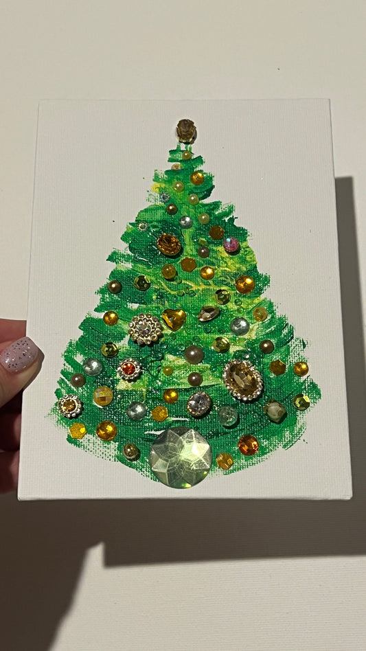 Golden Charm Jeweled Christmas Tree – 5x7 inches Original painting