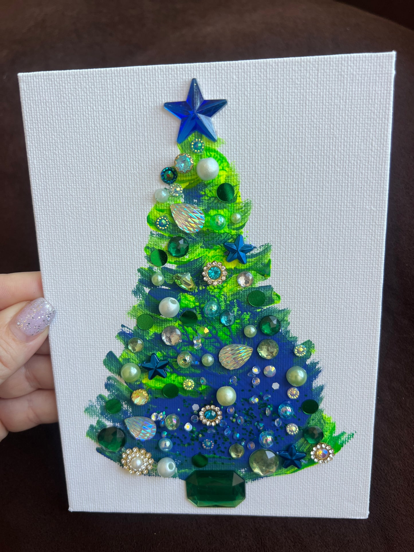 Blue & Green Jeweled Christmas Tree – 5x7 Original