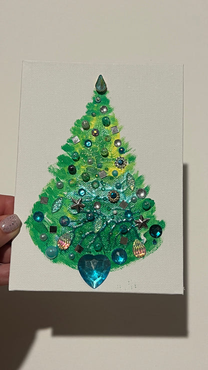 Aqua Heart Jeweled Christmas Tree – 5x7 Original painting