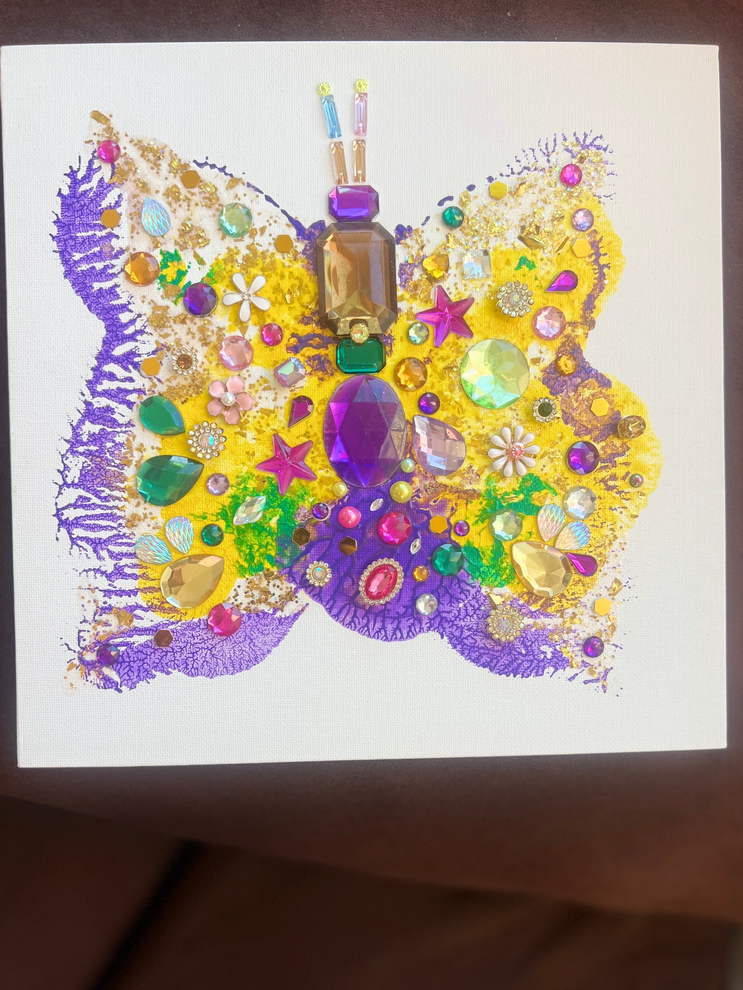 Handmade butterfly art with colorful gemstones and beads Jeweled Butterfly Art – 10x10 Origina painting