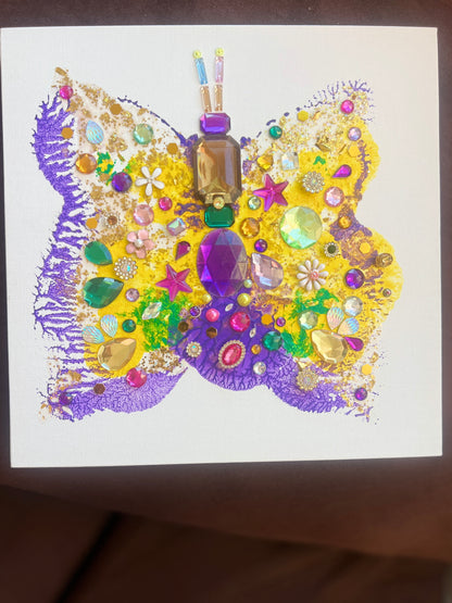Handmade butterfly art with colorful gemstones and beads Jeweled Butterfly Art – 10x10 Origina painting