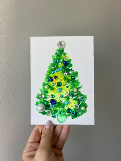 Green, Blue & Pearl Jeweled Christmas Tree – 5x7 Original painting