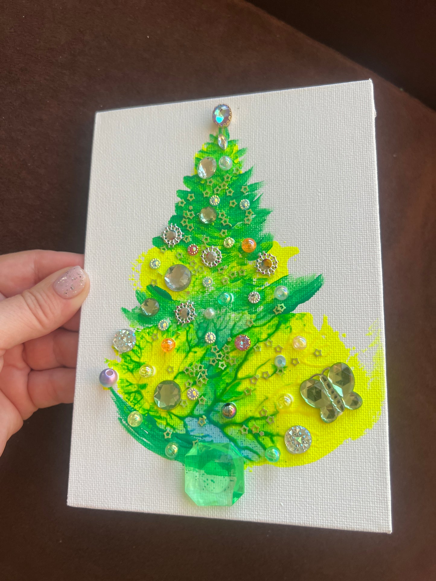 Lime & Green Jeweled Christmas Tree with Butterfly – 5x7 Original painting