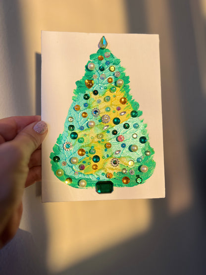 Aqua, Yellow & Emerald Jeweled Christmas Tree – 5x7 Original painting