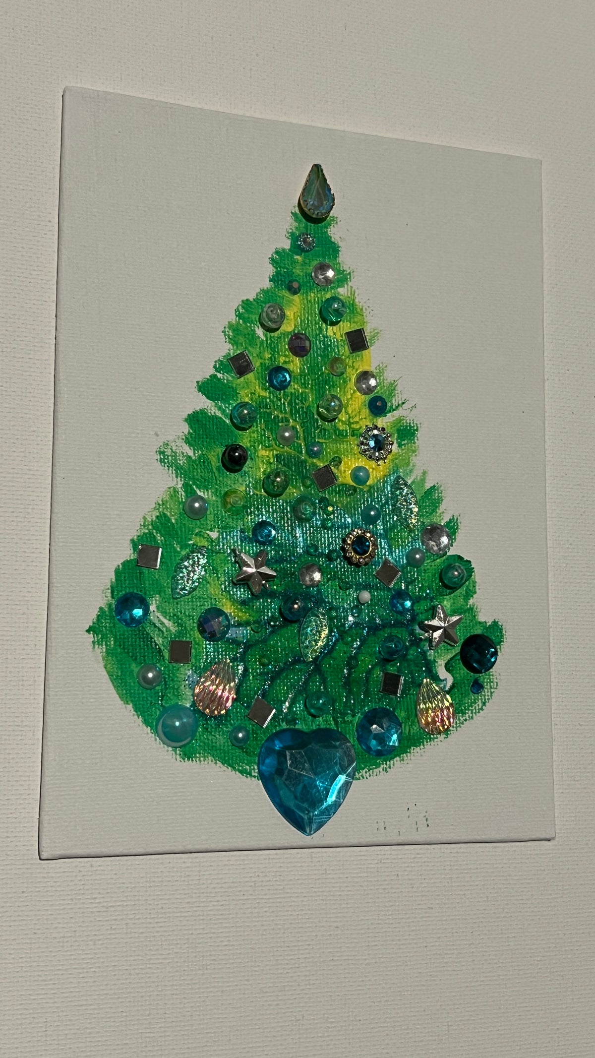 Aqua Heart Jeweled Christmas Tree – 5x7 Original painting