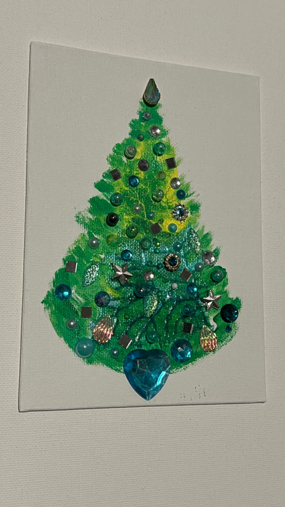 Aqua Heart Jeweled Christmas Tree – 5x7 Original painting