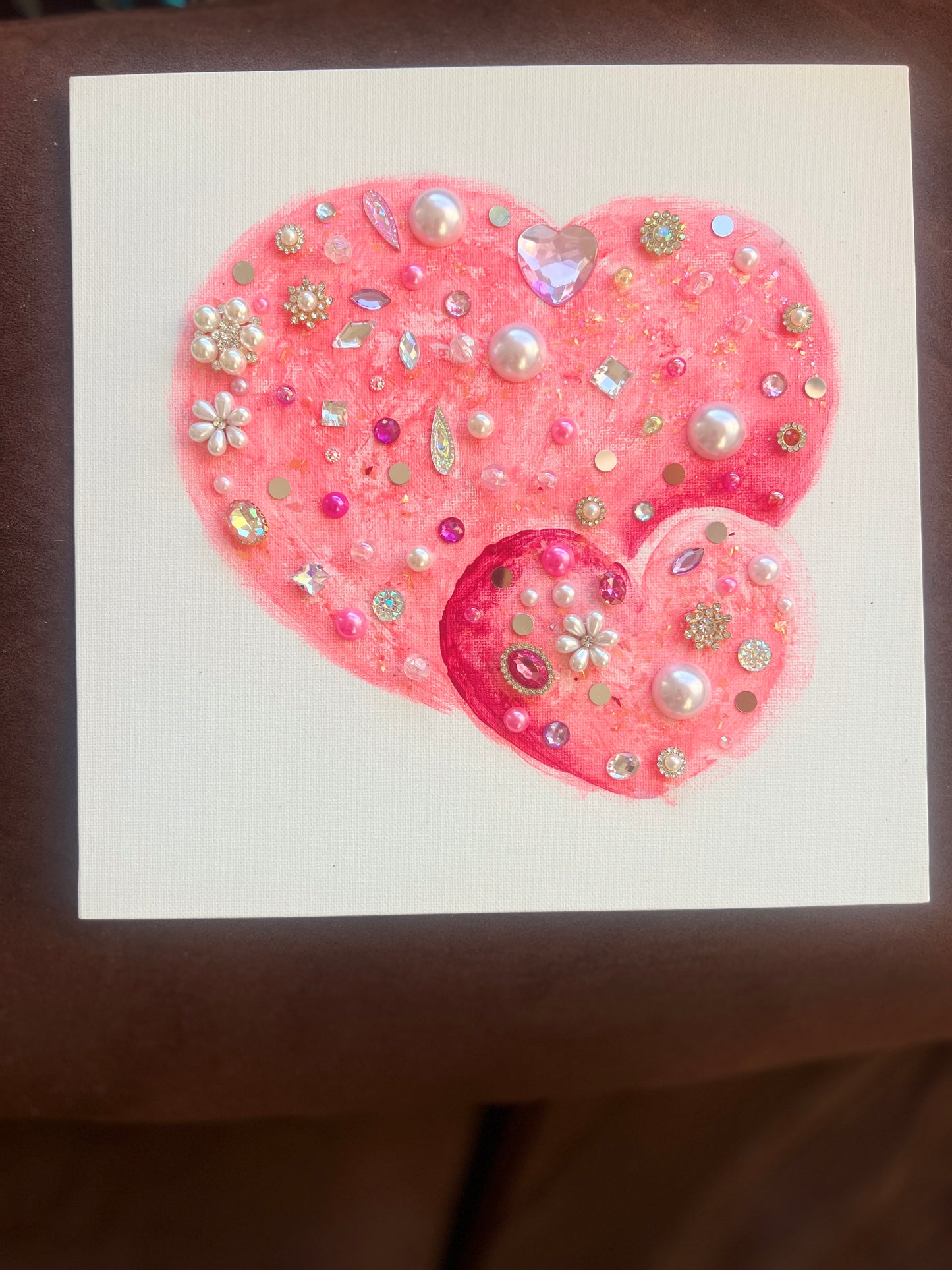 Pink heart with rhinestones and pearls Pink Jeweled Hearts – 10x10 Original painting