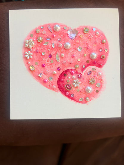Pink heart with rhinestones and pearls Pink Jeweled Hearts – 10x10 Original painting