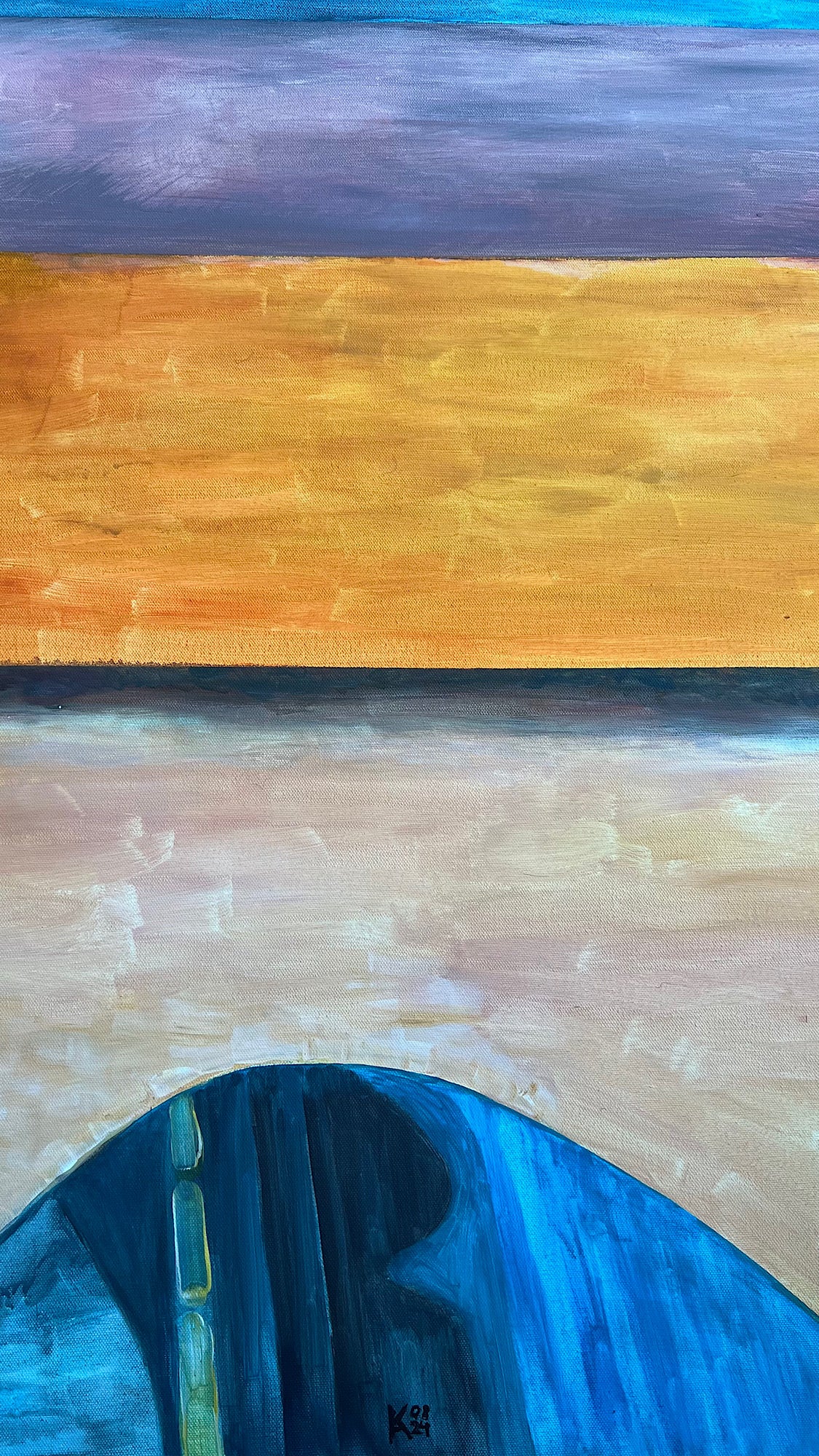 Close-up detail of large figurative acrylic painting, rich layered brushwork on canvas