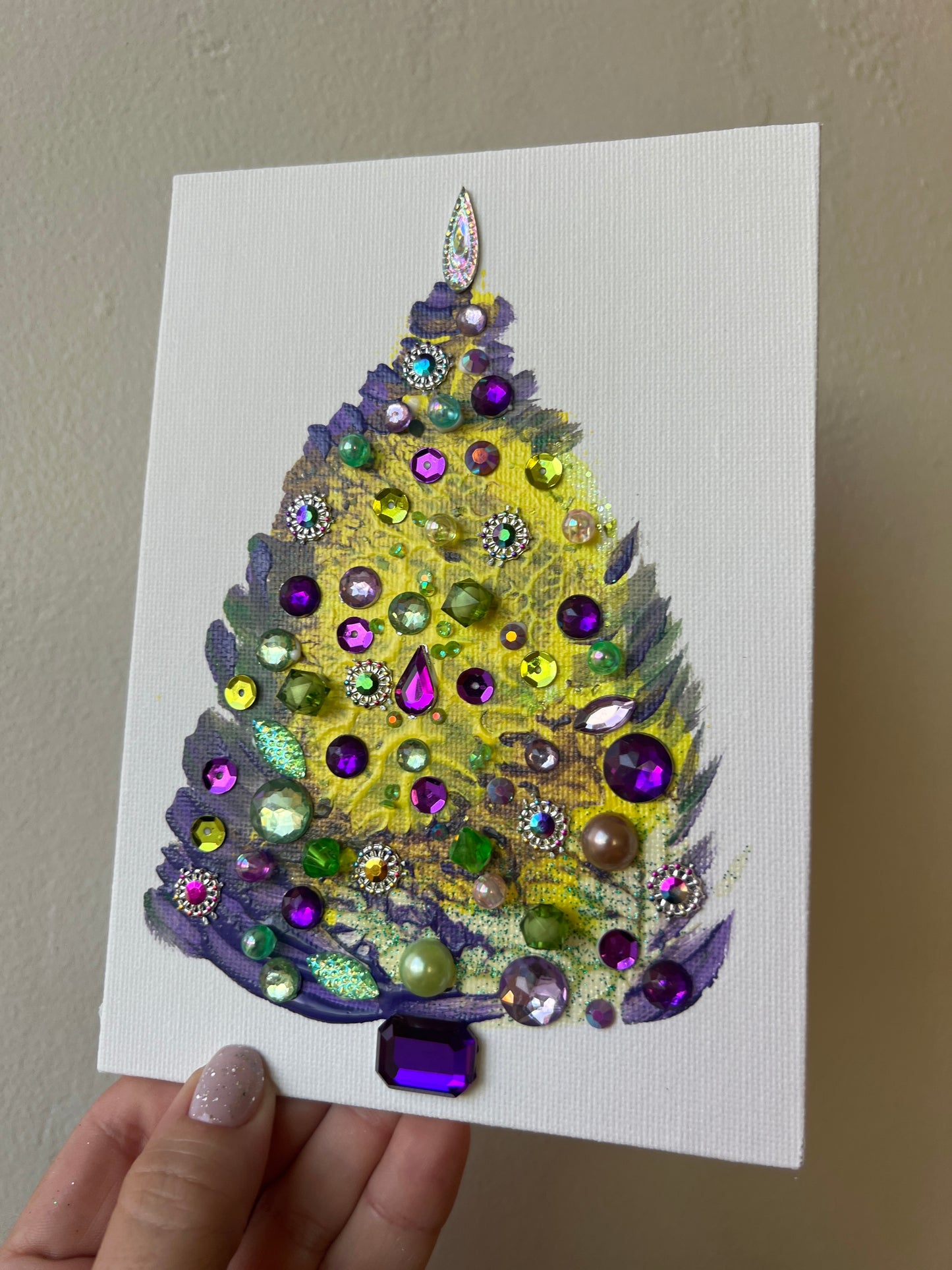 Purple, Lime & Gold Jeweled Christmas Tree – 5x7 Original painting