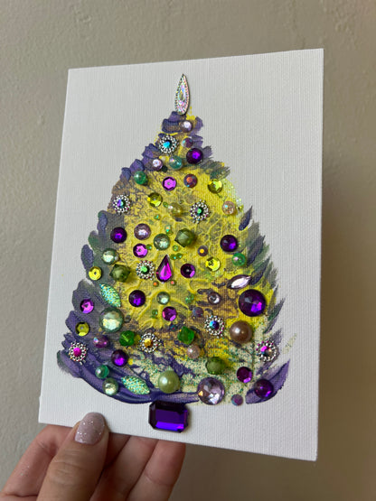 Purple, Lime & Gold Jeweled Christmas Tree – 5x7 Original painting